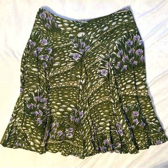 Eley Kishimoto Italy Green Purple Floral Geo Print Mid-length Flare Skirt 12